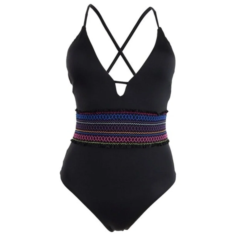 NWOT Bar III S Smocked Black Deep V 1PC Swimsuit 130804 - Picture 2 of 5